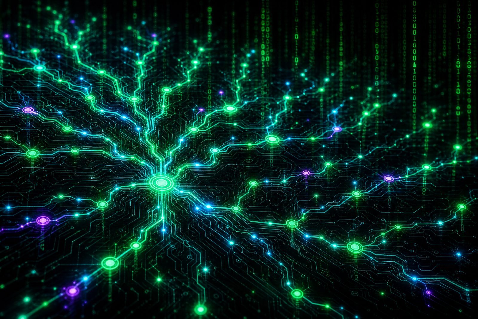 Abstract neon green circuit network visualization