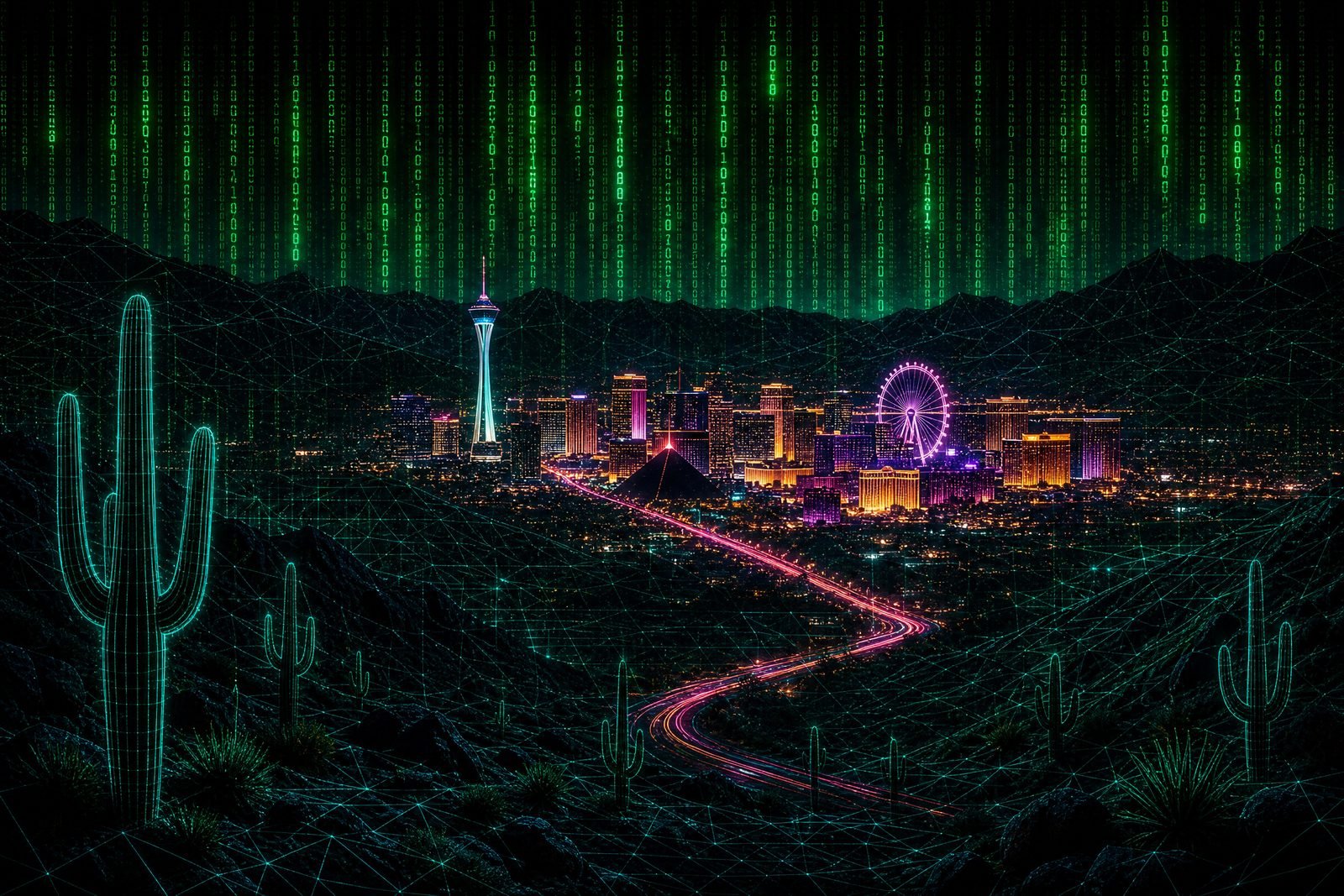 Las Vegas skyline at night with Matrix-style digital overlay