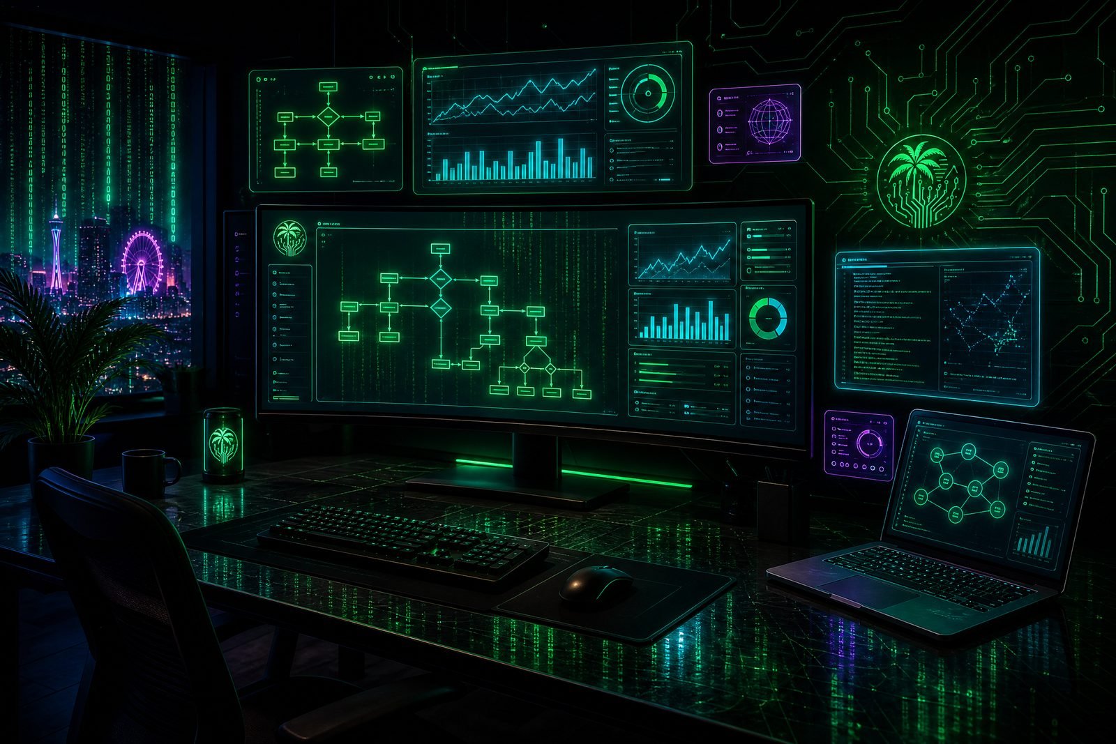 Dark neon workspace with holographic automation dashboards