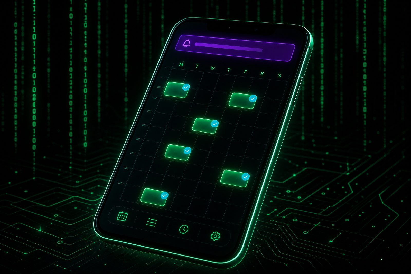 Smartphone showing dark automated booking calendar with neon green confirmed slots
