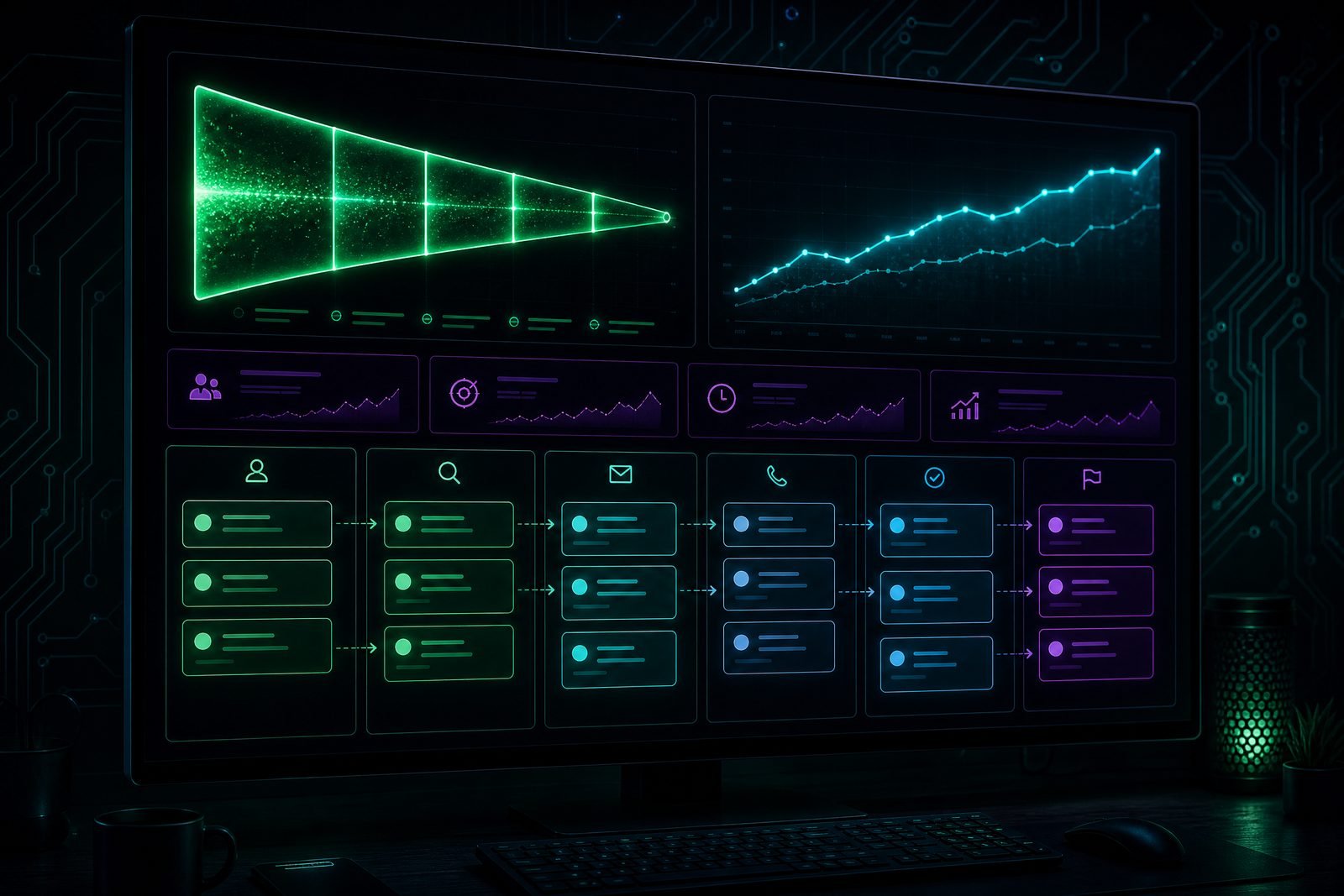 Dark dashboard showing lead follow-up funnel and pipeline metrics with glowing charts