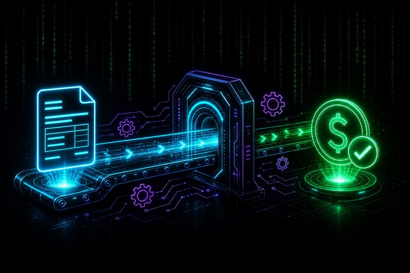 Invoice and Payment Automation — invoice flowing through automated neon pipeline into payment