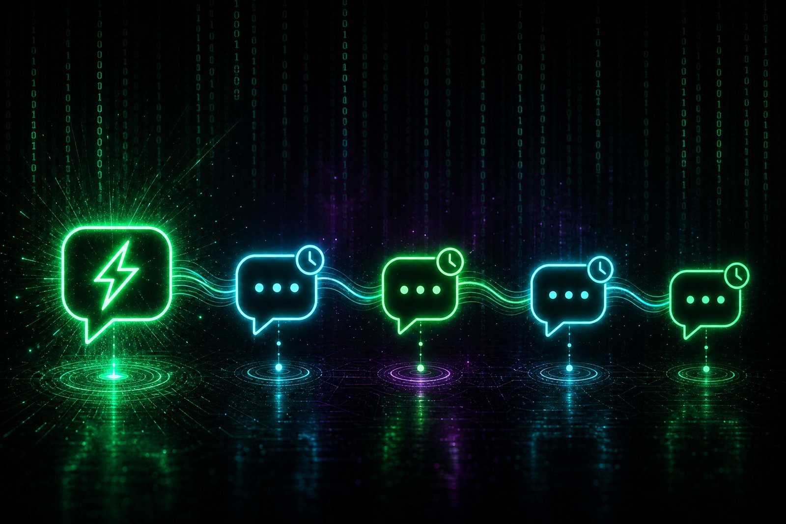 Lead Follow-Up — automated message sequence visualization with neon chat bubbles