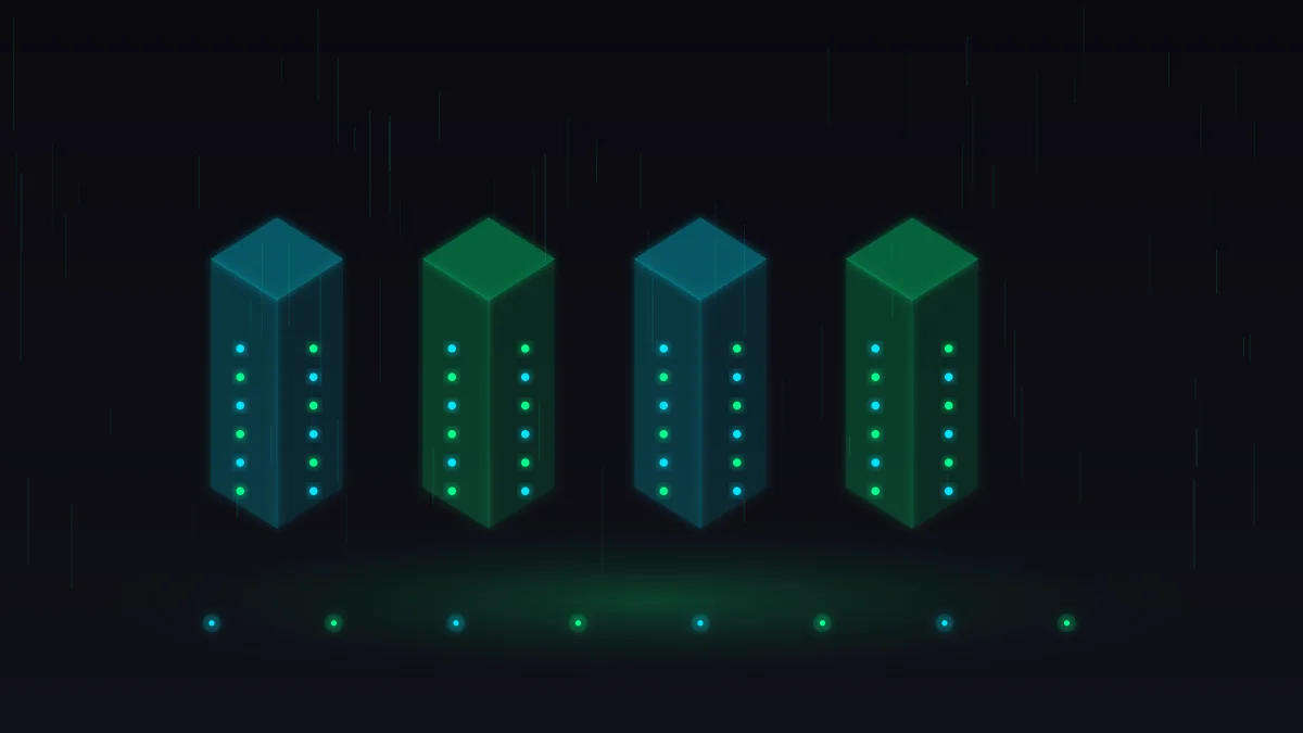 Isometric server cluster with automated neon circuit pipes on dark matrix background