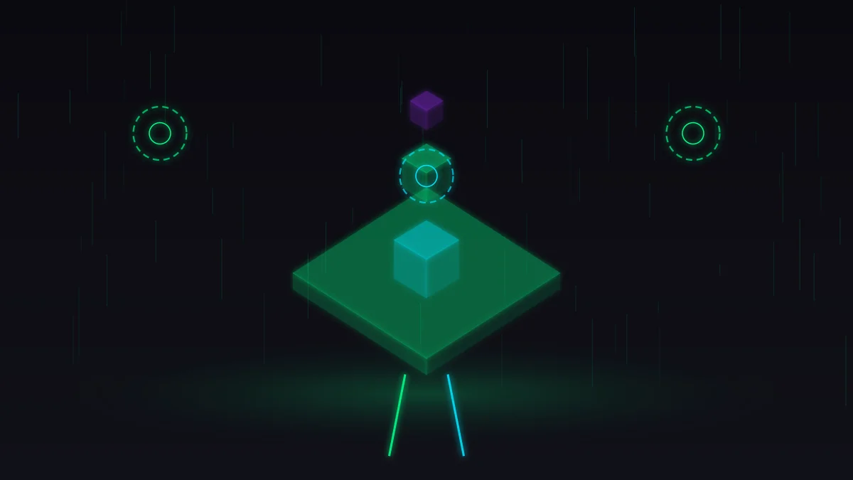 Isometric rocket launch pad deploying automated code systems with neon green cyan glow