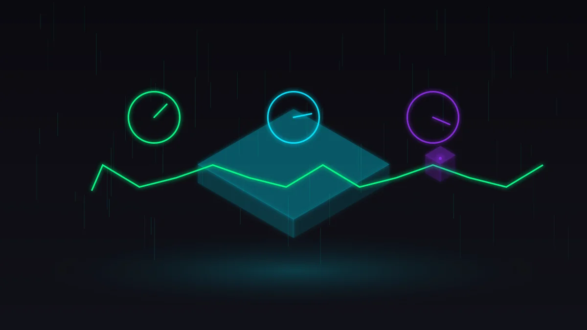 Live automation dashboard with performance dials and neon pulse graph on dark background